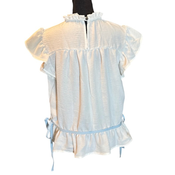 Women's Kori America White & Blue Ruffle Blouse L Super Sweet - Picture 6 of 8